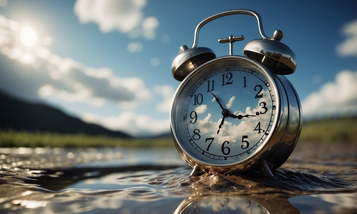 alarm clock in nature with water, hills, and sky in background