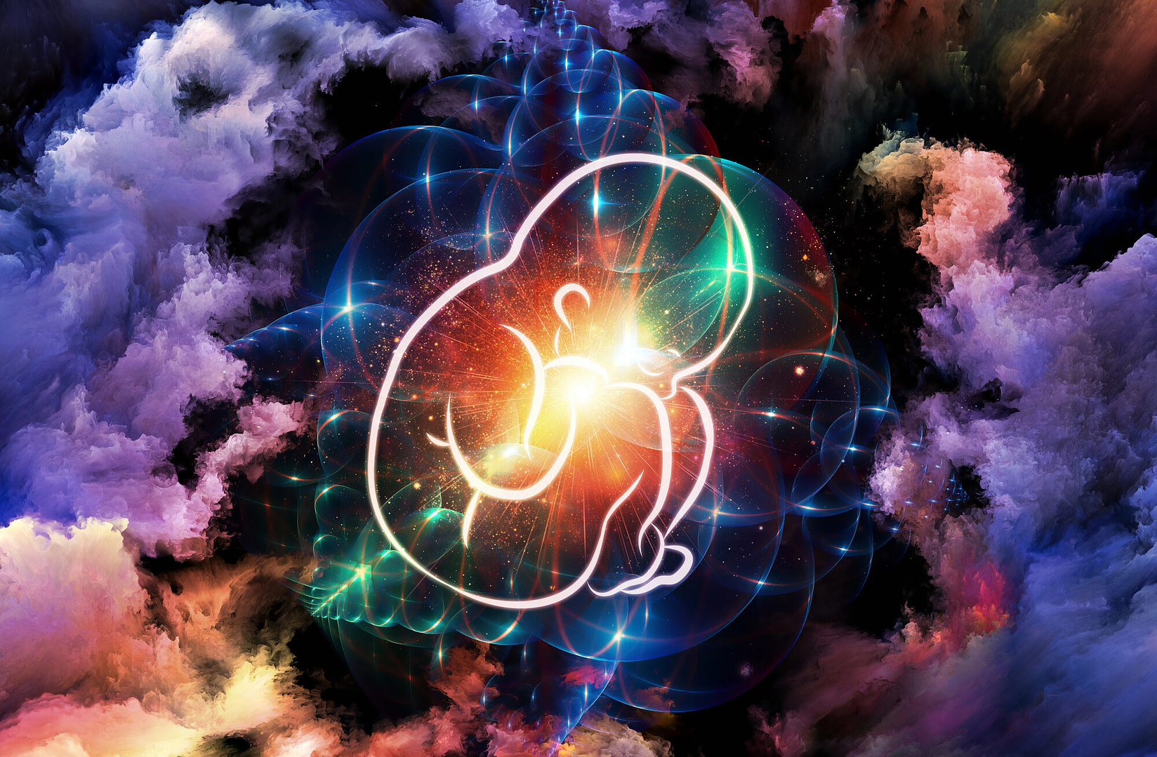 Drawing of child in fetus pose over abstract background