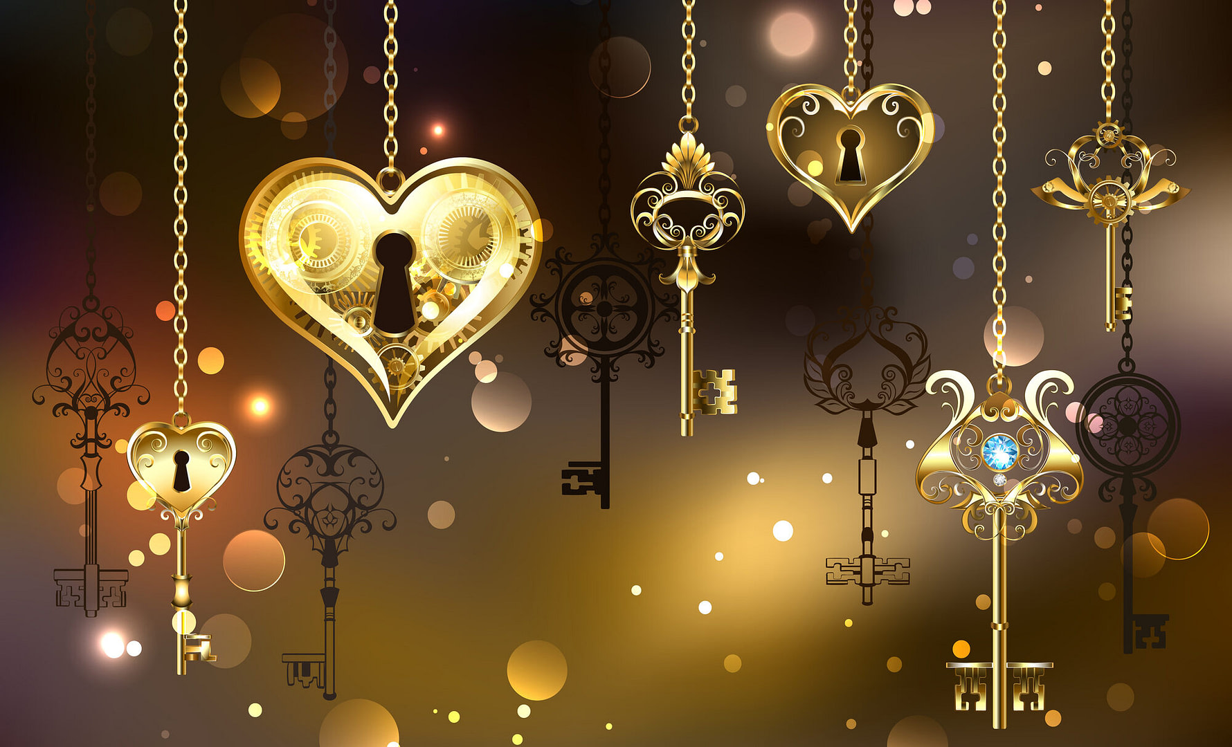Gold heart with keyhole hangs on luminous brown background, next to antique golden keys.