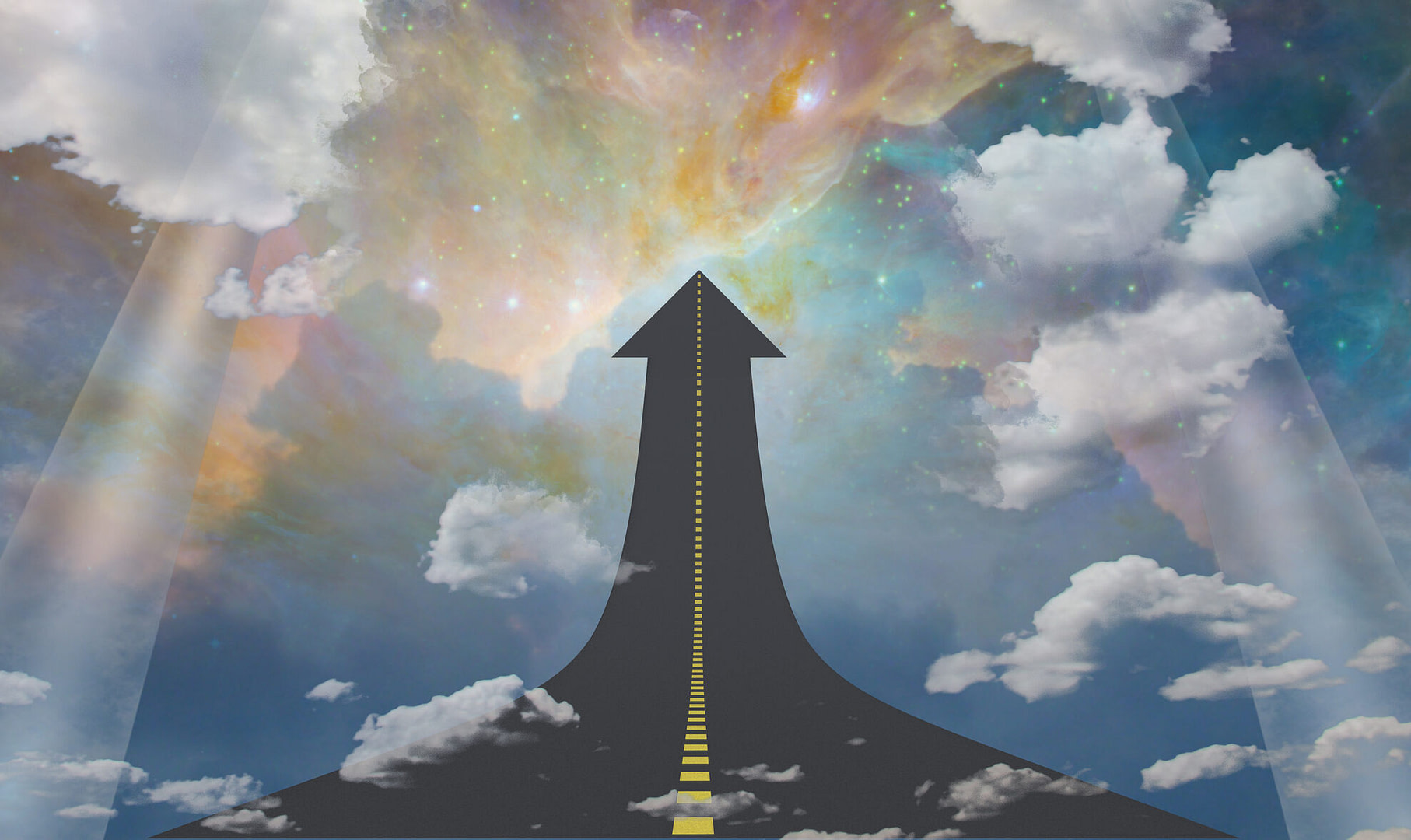 Road in arrow shape leads up. Universe on a background.