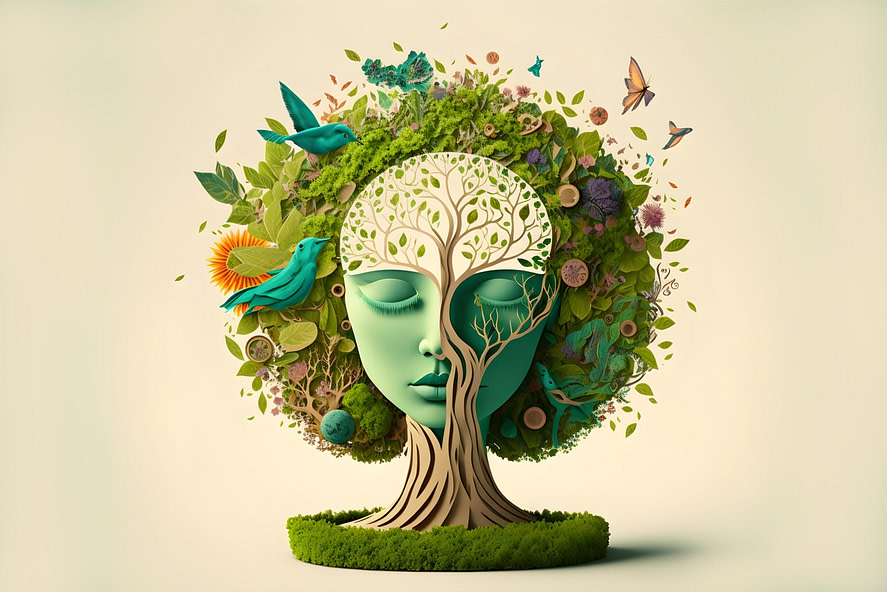 Image of a tree growing around a human head portraying a mind garden Image of a tree growing around a human head portraying a mind garden