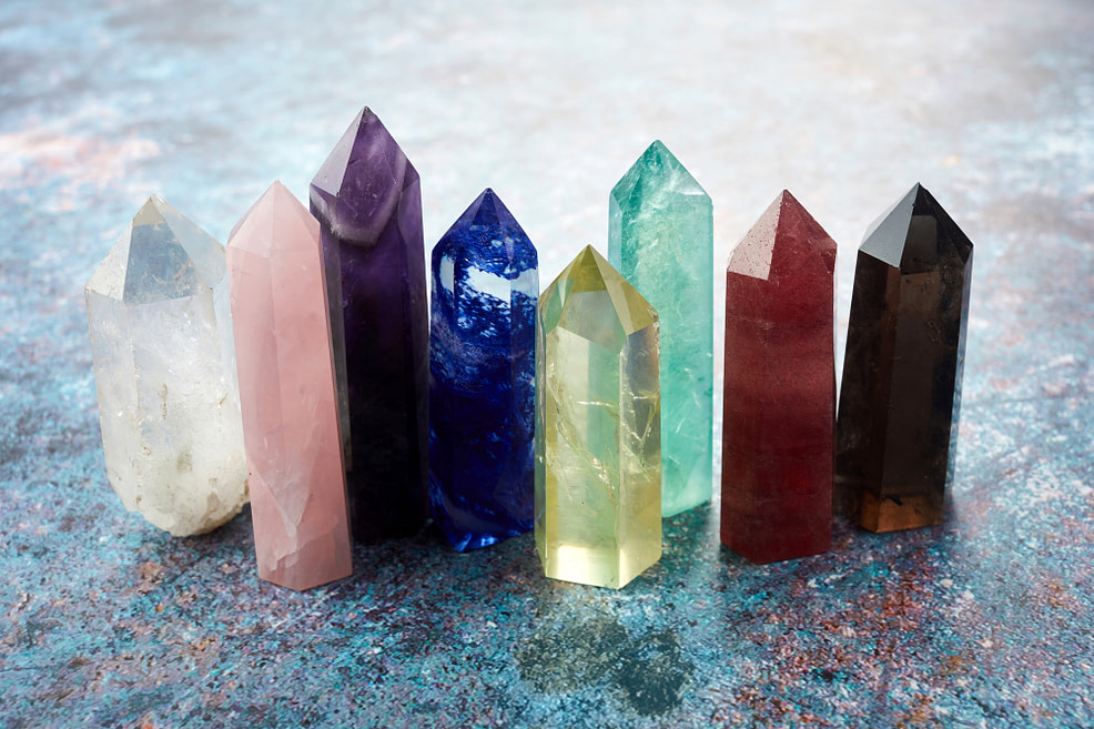 Healing crystals used for chakra balancing with Reiki or meditation Healing crystals used for chakra balancing with Reiki or meditation
