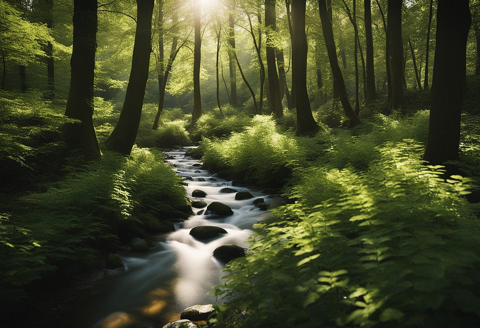 sun shining through the woods sun shining through the woods, stream with rocks running through