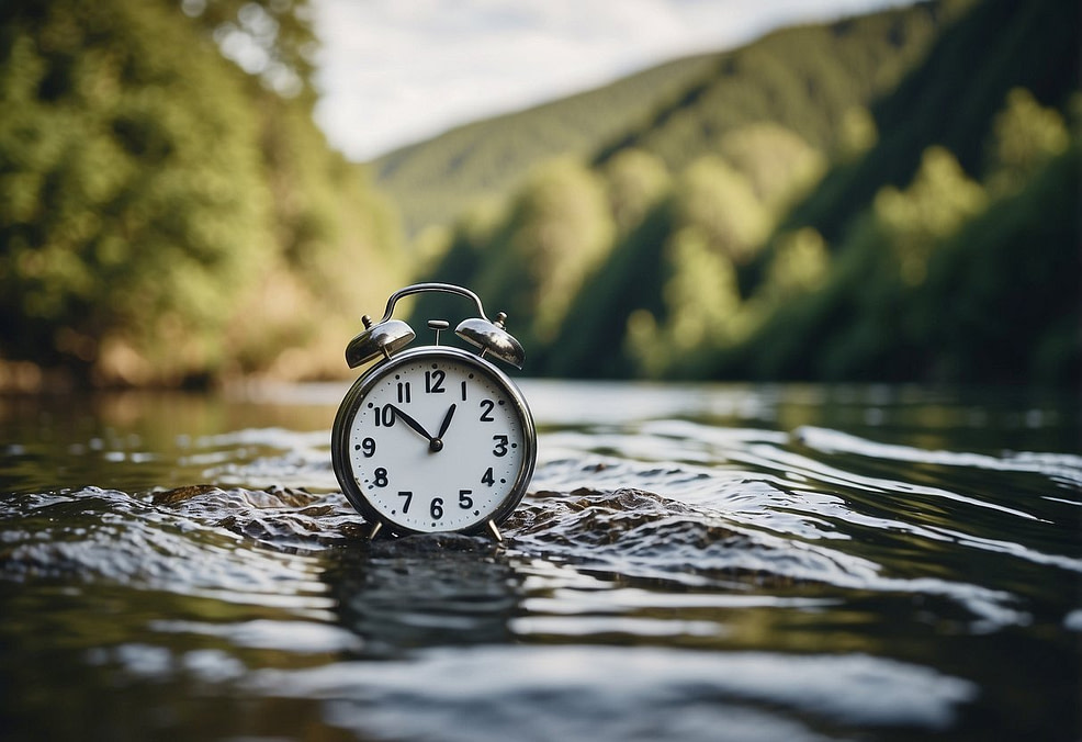 Alarm clock in water with trees and hills in background-clock time vs real time