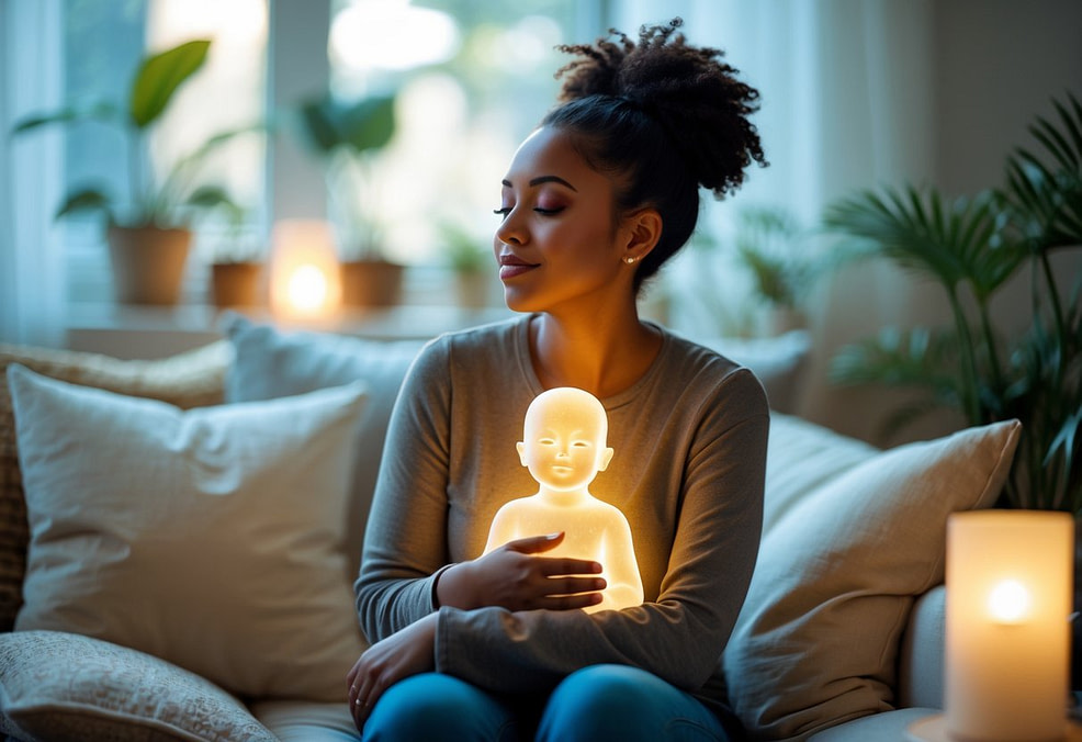 Woman holding a glowing baby representing inner child work