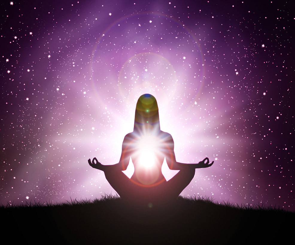 Bathed in light woman silhouette sitting in lotus pose on grass with stars and purple light radiating from chest