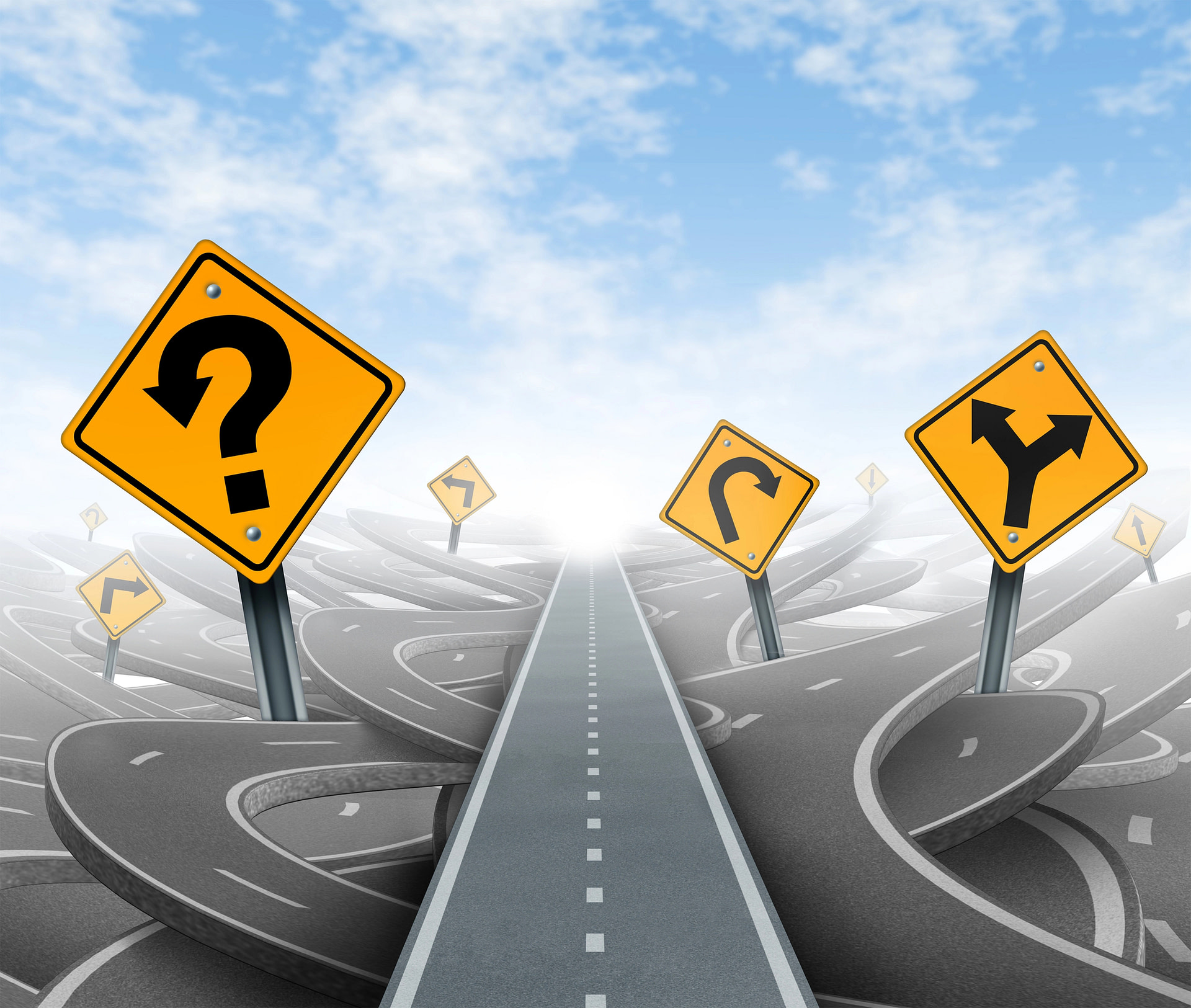 Many different roads to take-representing “too much to do” overwhelm and having too many decisions
