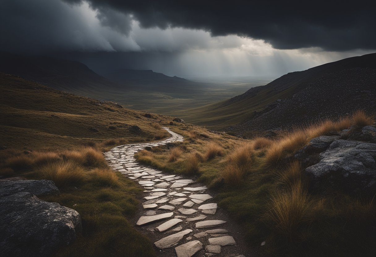 stone pathway through a dark cloudy sky