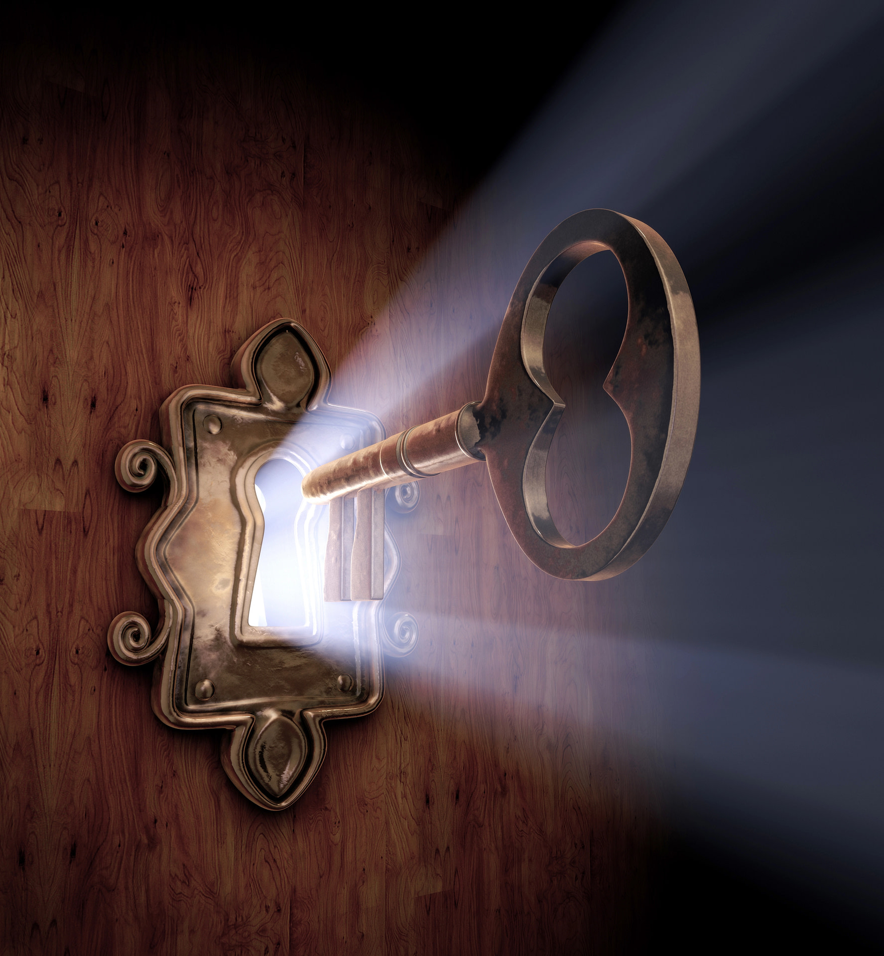 Key to accepting reality-key unlocking door with light shining through the keyhole