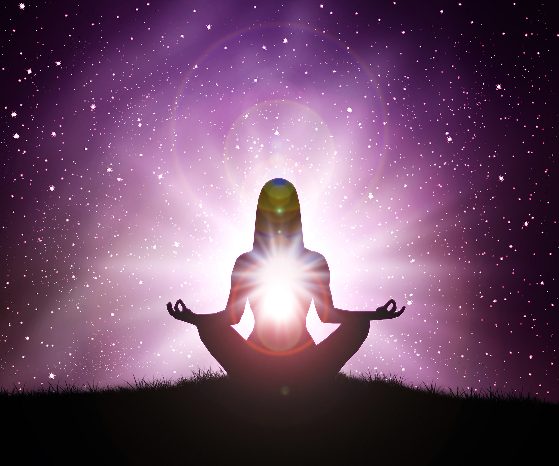 woman silhouette sitting in lotus pose on grass with stars and purple light radiating from chest