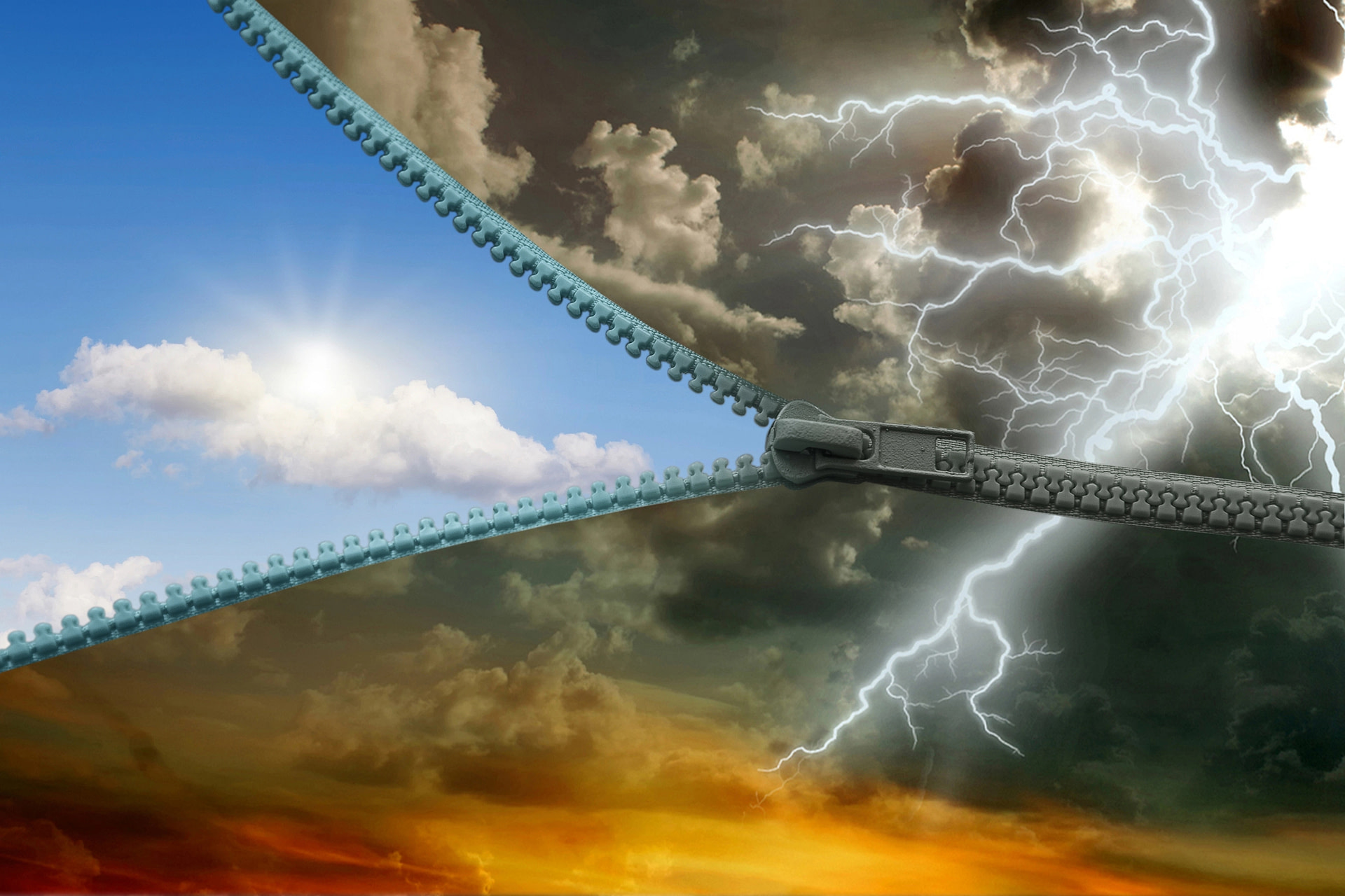 Stormy sky with a zipper to reveal a blue sky behind it