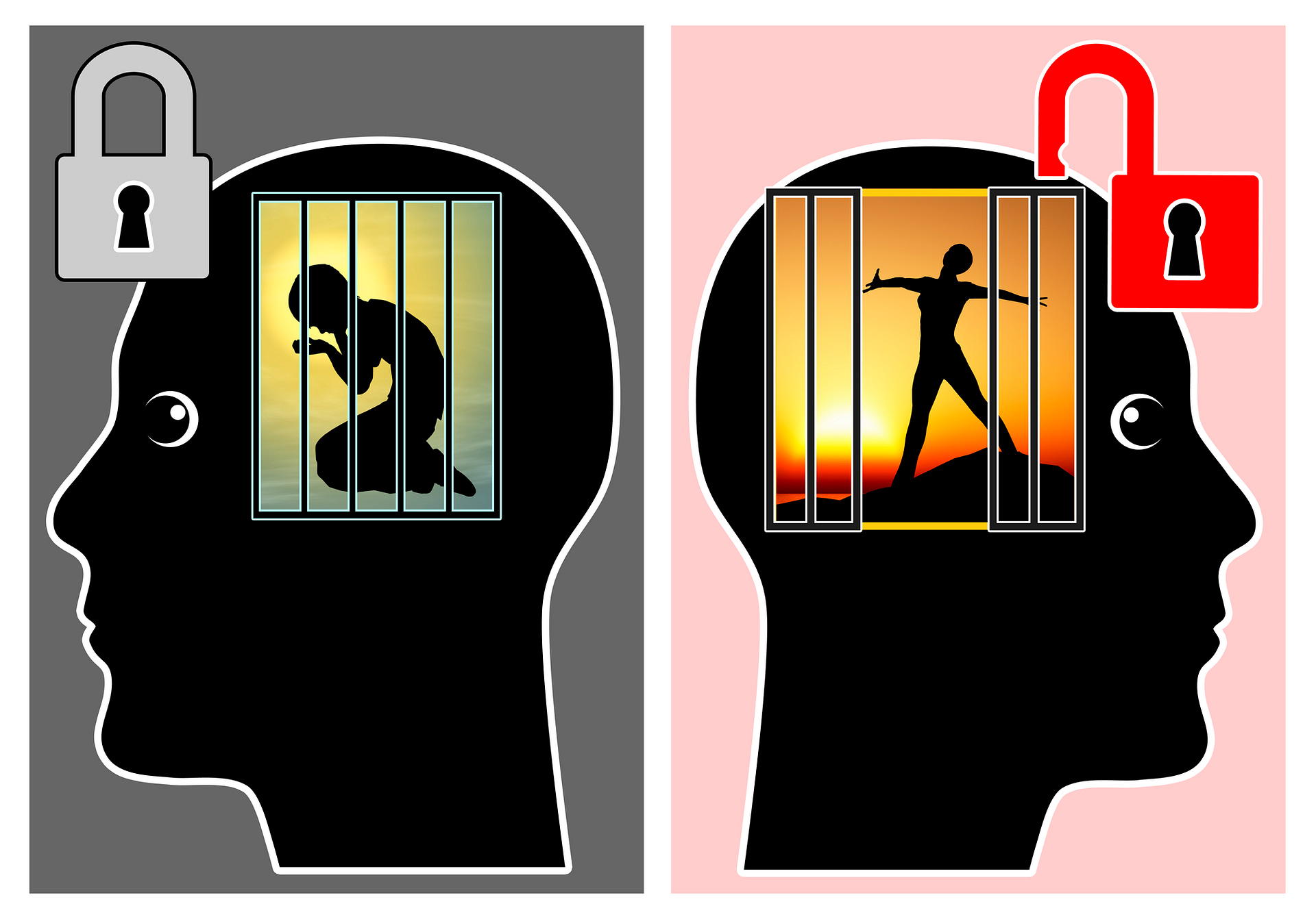 Two heads, one with a person inside locked in a cage, the second with the cage open to represent freeing the inner child