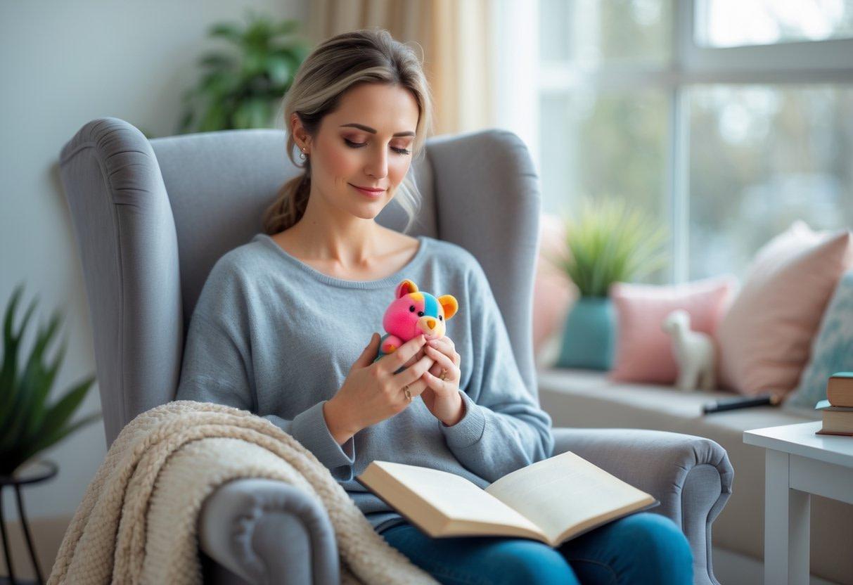 Woman sitting in a chair with a journal and teddy bear doing inner child work